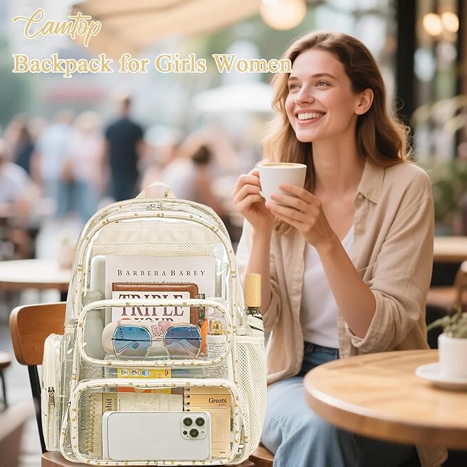 CAMTOP Clear Backpack Heavy Duty Transparent Bag See Through BookBag for Student School Work Festival Sport Travel (Beige Flower)