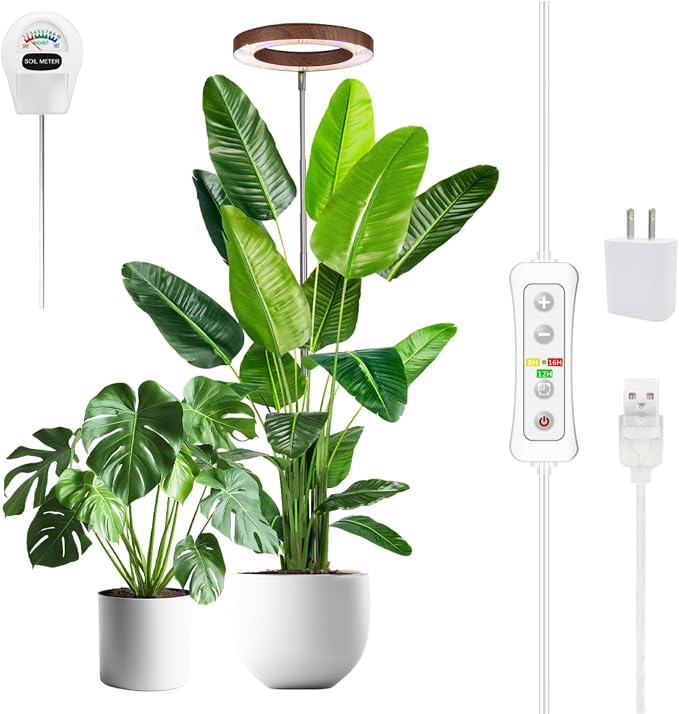Plant Grow Light, LED Growing Light Full Spectrum for Indoor Plants, Paired with a Soil Tester,Height Adjustable, Automatic Timer, 5V Low Safe Voltage,Idea for Large Plant Light