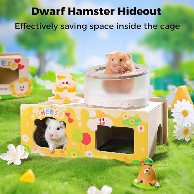 mini&moe Hamster Houses and Hideouts – Wooden Multi-Room Hamster Hideout Small Animal Habitat Decor Shelter with Platform for Dwarf Gerbils Chinchilla Rat Mouse
