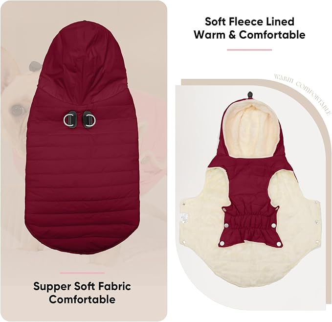 Vecomfy Fleece Lining Dog Hoodie with Harness Built in,Extra Warm Small Dog Jacket in Winter Puppy Coats with Drawstring Hooded,Red M