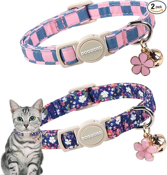 2 Pack Flower Cat Collars Breakaway with Bell, DOGWONG Safety Buckle Blue Plaid Cute Cat Collar for Girl Boy Cats，Adjustable 7-12 Inch
