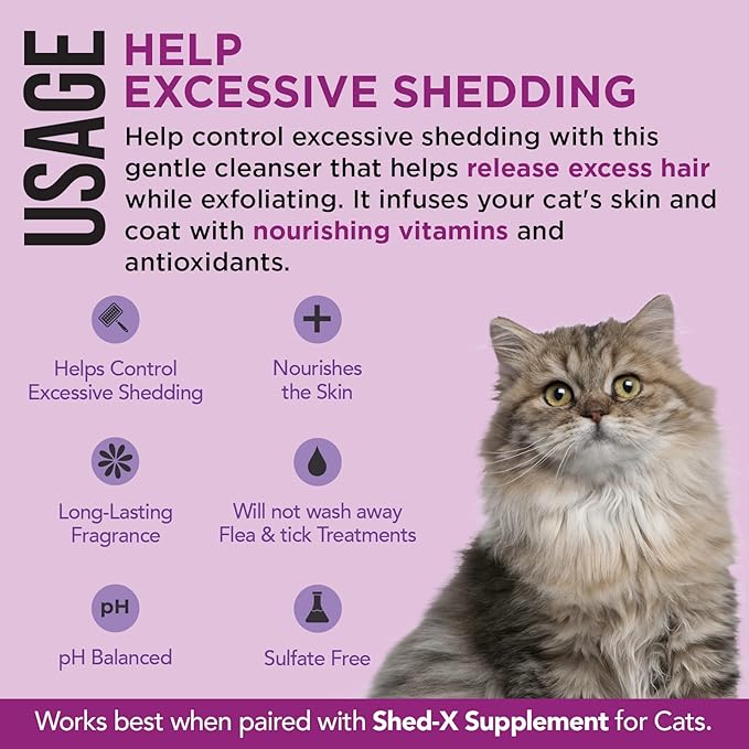Shed-X Shed Control Shampoo for Cats, 8 oz – Reduce Shedding – Shedding Shampoo Infuses Skin and Coat with Vitamins and Antioxidants to Clean, Release Excess Hair and Exfoliate