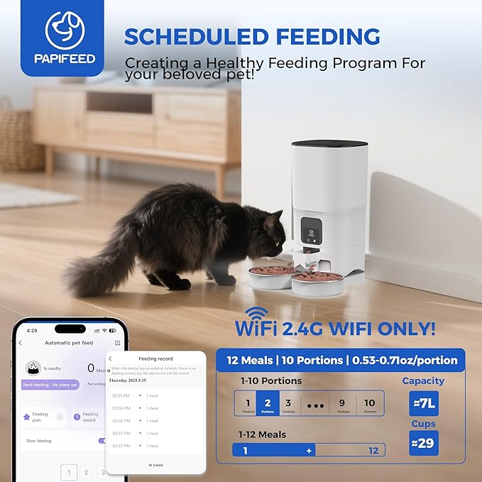 PAPIFEED Automatic Cat Feeder 2 Cats, 2.4G WiFi Cat Food Dispenser with App, 7L Timed Cat Feeder for Dry Food, 10 Meals/Day, 12 Portions/Meal, Smart Pet Feeder for Small Dog, White