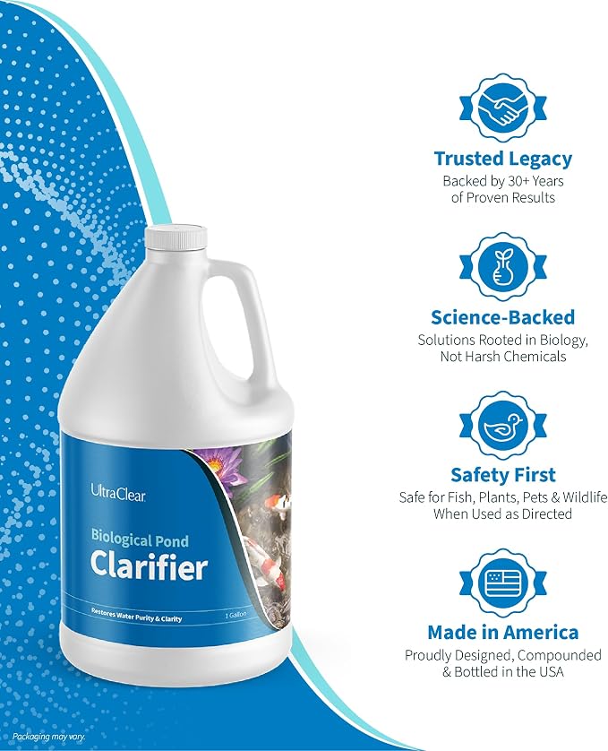 Pond Clarifier for Outdoor Ponds - Concentrated Live Beneficial Bacteria - Treats up to 320,000 Gallons - Clears Cloudy Pond Water - Safe for Fish, Plants, Pets and People