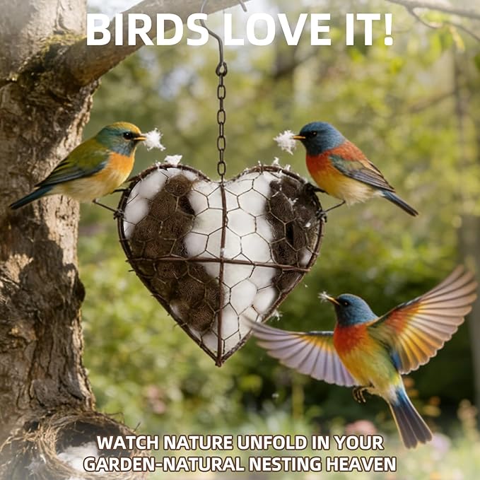 Handmade Alpaca Fiber Bird Nesting Heart - Refillable Bird Nesting Material Holder with Alpaca Wool for Bird Nesting - Outdoor Garden Dispenser & Nesting Material for Wild Birds (1 Set)