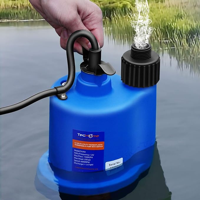 TecHome 12v Sump Pump Submersible Water Pump Water Transfer Pump. | 1500GPH, with 20 Feet Power Cord.
