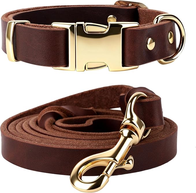 Leather Dog Collar and Leash Set, 6FT Heavy Duty Leather Training Leash with Adjustable Dog Collar, Soft and Durable Dogs Leashes and Collars Set for Small Medium Large Dogs (Brown, M)