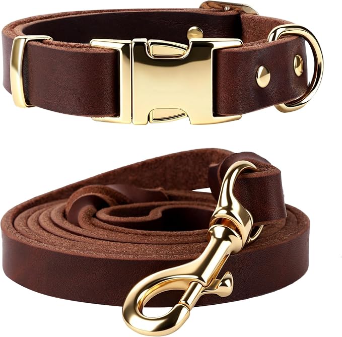 Leather Dog Collar and Leash Set, 6FT Heavy Duty Leather Training Leash with Adjustable Dog Collar, Soft and Durable Dogs Leashes and Collars Set for Small Medium Large Dogs (Brown, XL)