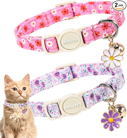 ARING PET 2 Pack Cat Collars with Bell, Cute Soft Cotton Kitten Kitty Breakaway Spring Summer Cat Collars for Boy Girl Cats-Pink & Purple Floral