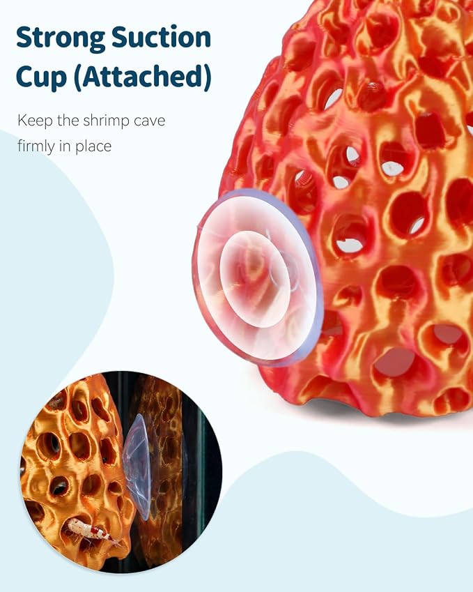 Uniclife Shrimp Cave, Shrimp Hides for Aquarium, Realistic Plastic Aquarium Coral Rock Decorations with Suction Cup, Betta Hideout Tank Accessories for Fish Tank Decor, Red-to-Yellow Gradient