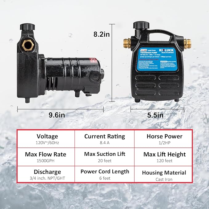 Water Transfer Pump, KITLUCK 120V 1/2 HP 1500GPH Cast Iron Portable Electric Utility Water Pump, Heavy Duty High Pressure Transfer Pump with ON/OFF Switch, Suction Strainer and Brass Connectors