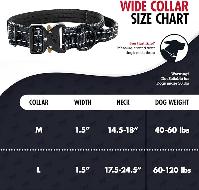 Tuff Pupper Tactical Dog Collar | Heavy Duty 1.5" Wide Ballistic Nylon | Training Control Handle | Quick-Release Metal Buckle | Reflective Bands | ID Tag Holder | Padded Inner Lining (Black, Large)