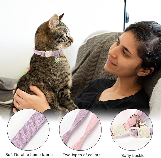 2 Pack Pink Purple Cat Collars Breakaway with Bell, DOGWONG Safety Buckle Cute Cat Collar for Girl Cats，Adjustable 7-12 Inch,Pet Supplies Accessories