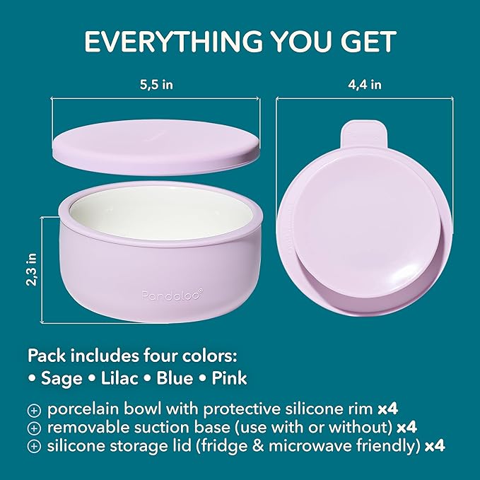 Pandaloo Porcelain Kids Bowls with Removable Silicone Sleeve & Lid – Strong Suction Base, Microwave & Dishwasher Safe, Toddler-Proof, Non-Slip Ceramic Feeding Bowls for Babies & Toddlers (Set of 4)