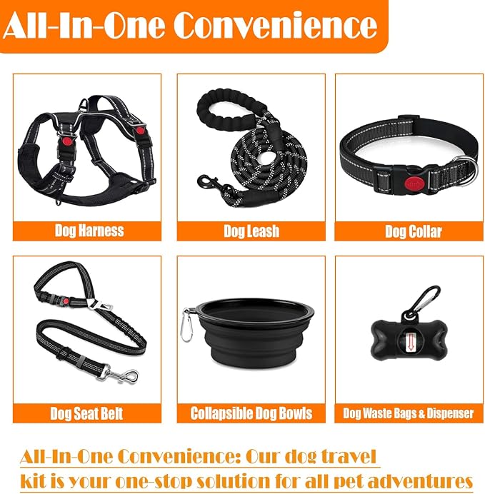 LOBEVE No Pull Dog Harness, Collar & Leash Set | Includes Dog Seat Belt, Collapsible Bowls & Poop Bag Dispenser. Ideal for Training, Walking, Hiking. Fits Small to Large Dogs(Black-S)