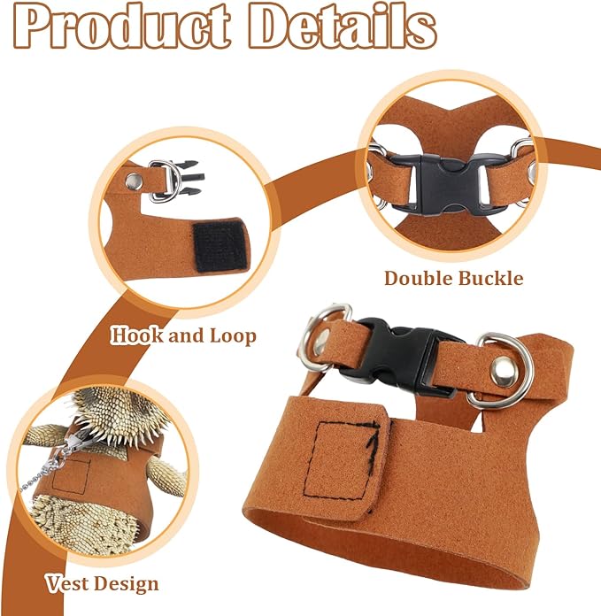 4 PCS Harness and Leash Set, Adjustable Soft Leather Bearded Dragon Leash and Harness Set for Small Animals, Reptiles, Squirrels, Rats (Brown, Black, Silver)