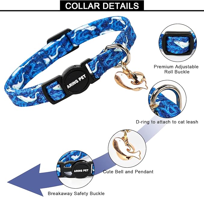 ARING PET 2 Pack Cat Collars with Bell, Cute Soft Cotton Kitten Kitty Breakaway Summer Cat Collars for Boy Girl Cats-Blue Ice Pop & Whale