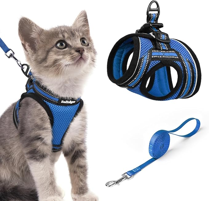 rabbitgoo Cat Harness and Leash Set for Walking Escape Proof, Adjustable Soft Kittens Vest with Reflective Strip for Cats, Comfortable Outdoor Vest, Blue, S