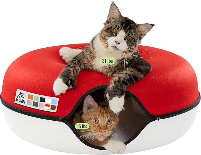 Cattasaurus Peekaboo Cat Cave, Extra Spacious for Multiple & Large Cats 12+ lbs, Scratch Detachable Cat Beds for Indoor Cats, Washable Tunnel Bed, Comfy Donut Tunnel (Ruby Snowball, Jumbo)