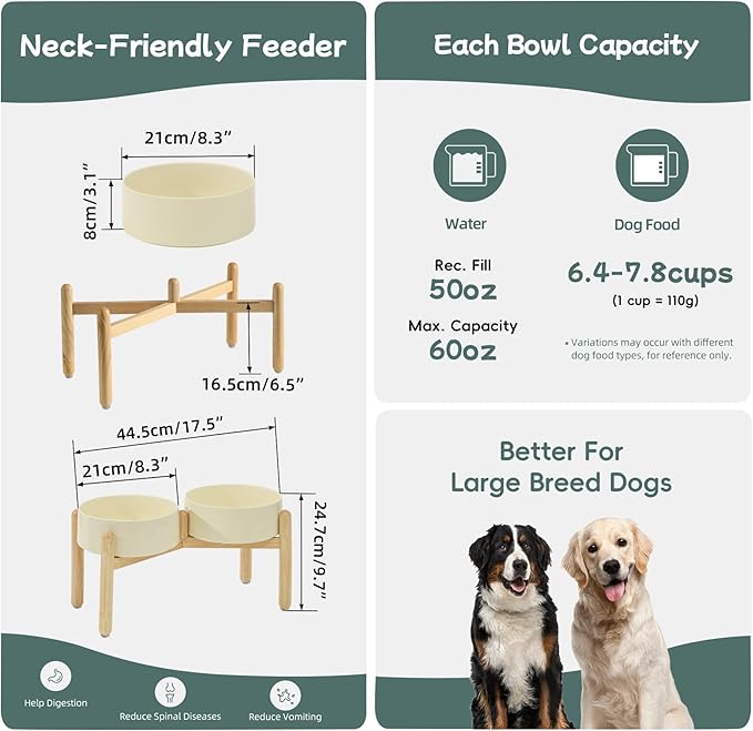 Havniva Ceramic 8.2inch Raised Dog Bowl with Stand for Large- Breed Dogs, Pet Food and Water Feeder (Double Bowl with Stand - Light Yellow)