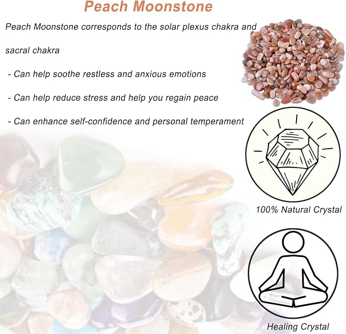 Erliway 100g Natural Peach Moonstone Crystal Chips 7-9mm Tumbled Stones | Small Crushed Crystal Stone, Polished Crystals Chips for Fish Tank, Healing Tumbled Rocks for Reiki Jewelry Making Home Décor