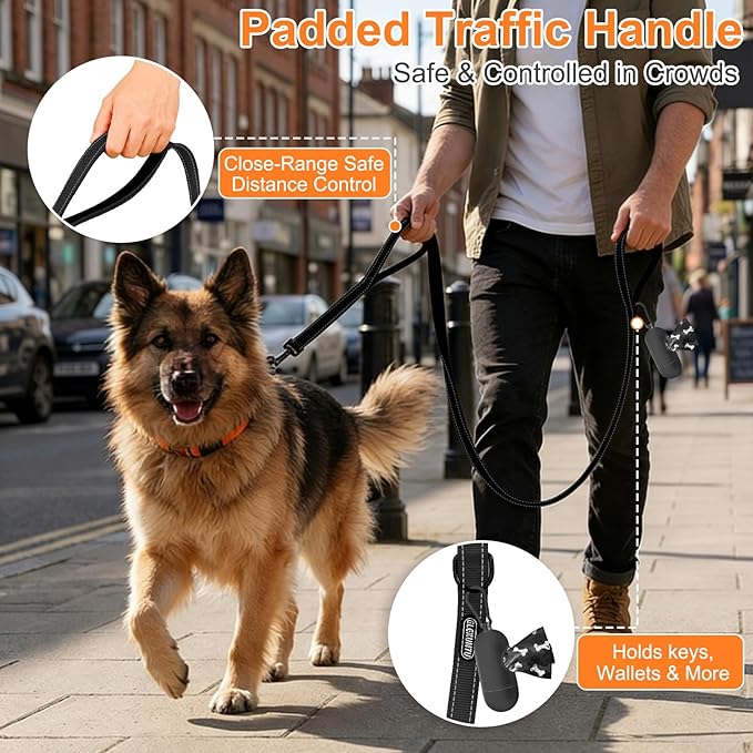 6 FT Heavy Duty Dog Leash with 2 Comfortable Padded Handles, Traffic Handle Extra Control, Highly Reflective Threads Leash for Small/Medium/Large Dogs (Black)