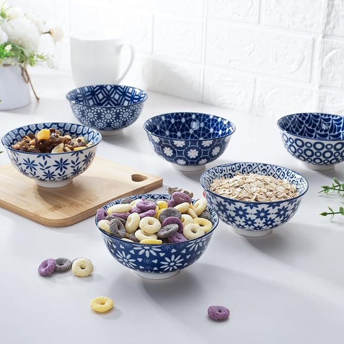 AntoKueh Blue and White Ceramic Bowls Set of 6, 10 oz Small Dessert bowl 4.7in for ice cream, Snack, Porcelain bowl for Dipping, Microwave & oven Safe