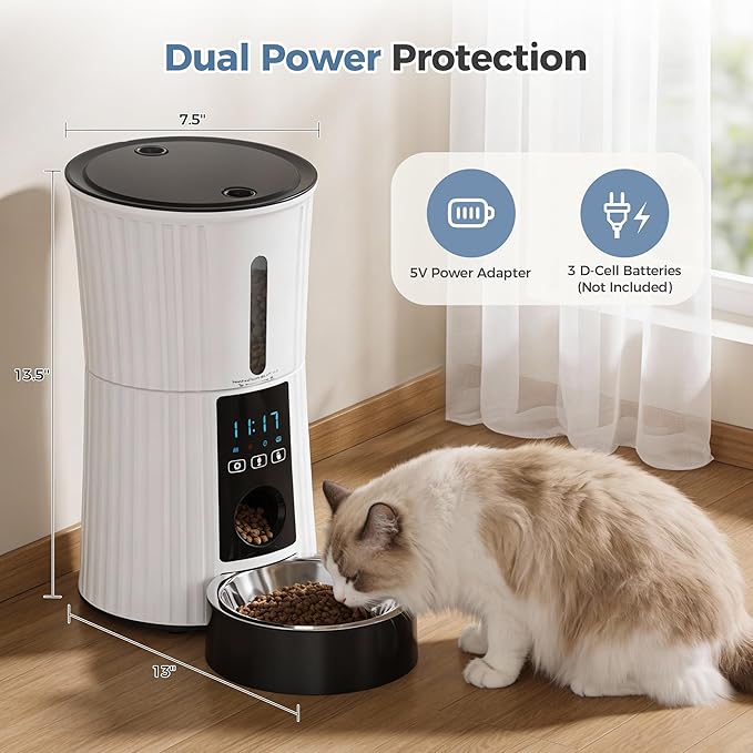 DUMOS 2.4G WiFi Automatic Cat Feeder, 4L Timed Cat Food Dispenser with APP Control, 10s Voice Recorder, Dual Power Supply, Indoor Programmable Pet Feeder with Desiccant for Small Cats and Dogs, White
