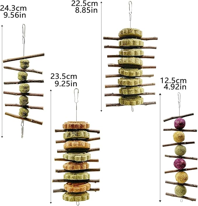 Rabbit Hanging Chew Toys Bunny Chew Toys Natural Apple Wood Branches with Grass Balls Cake Improve Teeth Health Hamster Rabbit Chinchilla Teeth Grinding Treats