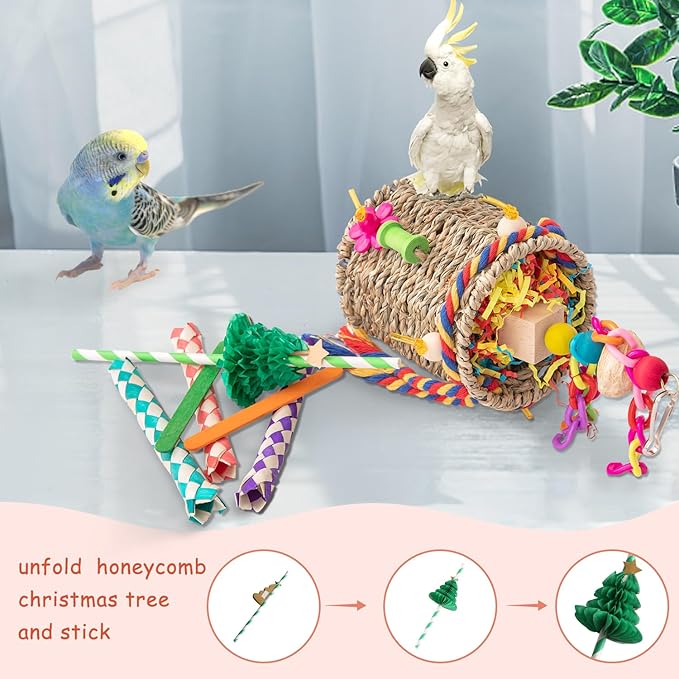 RLRICH Bird Toys Parrot Foraging Toys, Seagrass Basket Bird Chewing Toys with Colorful Tearing Paper Bamboo Fingers Natural Nut Wooden Blocks for Small Medium Parrot Bird