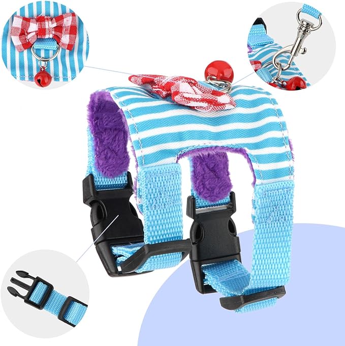 Small Pet Harness Vest and Leash Set with Bowknot and Bell Decor for Gerbil Guinea Pig Squirrel Kitten Outdoor Walking (M, Blue Stripe)