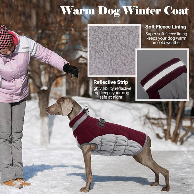 Lelepet Dog Coat Warm Dog Winter Coat Waterproof Dogs Jacket with Harness Built in Reflective Pet Fleece Vest Zip-Up Cold Weather Coats for Medium Dogs Turtleneck Windproof Coats Dachshund Wine Red M
