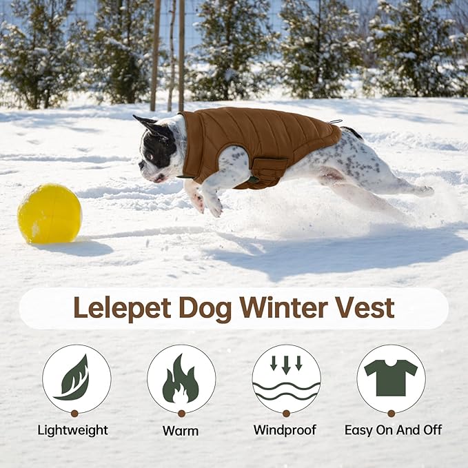 Lelepet Reversible Dog Coat Waterproof Dog Jacket Windproof Puffer Vest for Winter Warm Lightweight Coats for Medium Dogs Adjustbale Hook & Loop Pet Apparel with Leash Hole, French Bulldog, Brown L