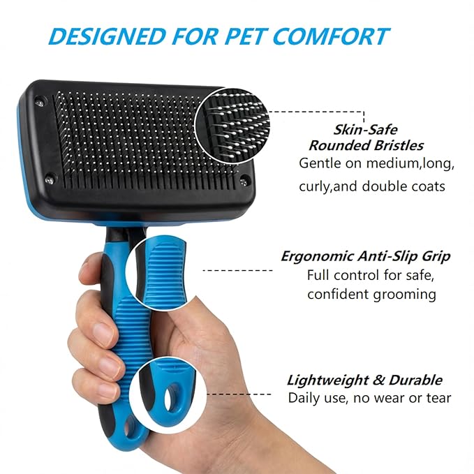 PETIMP STORE 4PCS Self Cleaning Slicker Brush, Pet Grooming Rake, Bath Brush & Massage Brush for Short/Long Haired Dogs, Cats & Horses, Pet Grooming Deshedding Tools - Pet Supplies (Blue Black)
