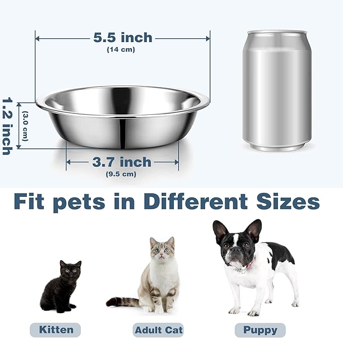12 PCS Thickened Stainless Steel Cat Bowls, 5.5 Inch Shallow Wide Flat Metal Kitten Food Bowls, Whisker Friendly Fatigue Relief Replacement Basic Pet Dishes for Indoor Cats