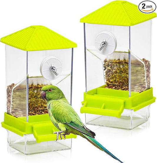 BNOSDM No Mess Automatic Bird Feeder 2 Pcs Anti-Splash Bird Feeder Acrylic Transparent Food Container Parrot Cage Accessories for Parakeets Budgies Lovebirds Cockatoos Conures Finches (Green)