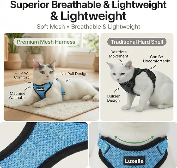 Luxelle 2 Pack Escape-Proof Cat Harness and Leash Set for Walking – Adjustable No Pull Soft Vest with Easy-Wear Buckle, Reflective Straps, Breathable Mesh – Outdoor Travel Harness for Cats & Kittens