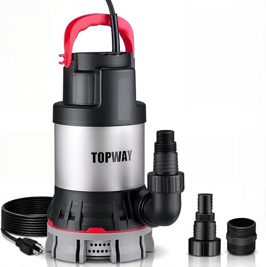 TOPWAY Submersible Water Pump, 1-1/4 HP 4600 GPH Stainless Steel Sump Pump with Filter Base, Electric Portable Water Pump with 16.4ft Cord for Swimming Pool, Hot Tub, Garden Pond, Basement Draining