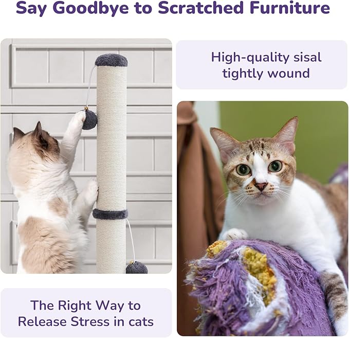 Woochpet 33'' Tall Cat Scratching Post for Adults Cats, Sturdy Large Scratch Pole with Hanging Ball with Fun Mouse Hole, Scratching Posts for Indoor with Durable Natural Sisal Rope (Darkgrey)
