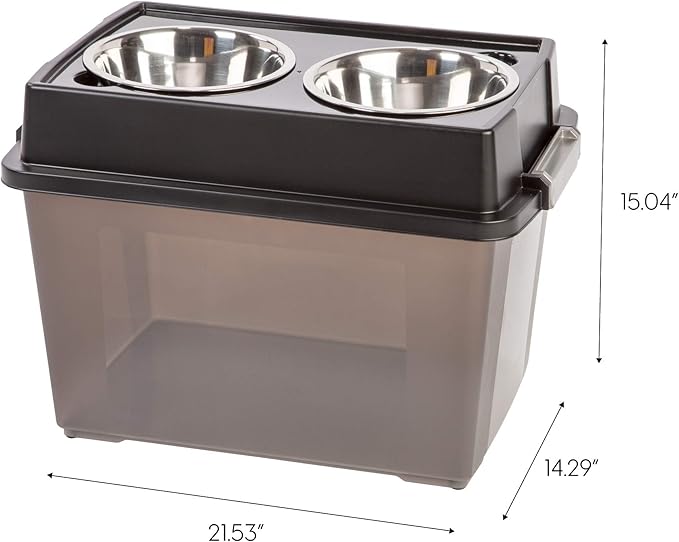 IRIS USA Dog Bowls Elevated with Storage, 15" H Raised Feeding Station, Dog Bowl Stand with Airtight Food Storage Holds 47 lbs, 2 Removable 64 oz Stainless Steel Bowls for Large Dogs, Smoke/Black