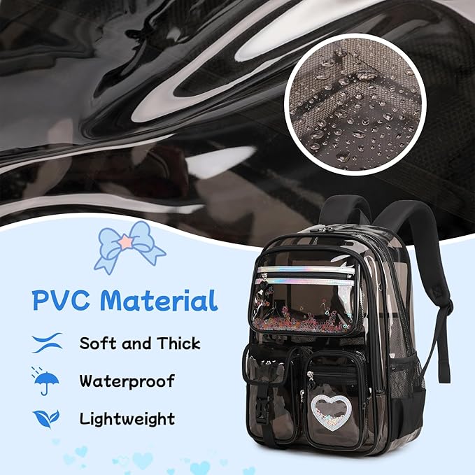 MOONBABY Clear Backpack for Girls, Clear Bookbag Heavy Duty Transparent Backpack for Stadium Events, See Through Back Pack for Kindergarten Elementary Middle High School, Semi Black