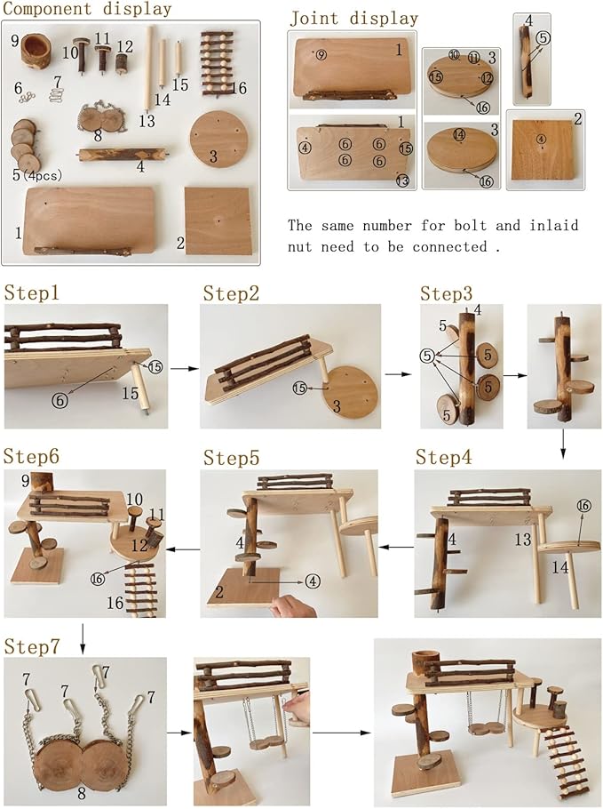 VolksRose Wooden Hamster Playground Platform, Hamster Climbing Toy, Natural Living Climb System, Small Animals Activity Set with Ladder Food Bowl Ramp Bridge for Mouse Gerbil Rat Chinchilla