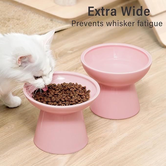 CEEFU Extra Wide Elevated Ceramic Cat Water Bowl - 6.2" Deeper Dish for Whisker Fatigue Relief, 5" Height for Easy Feeding, Lead & Cadmium Free, Durable Raised Cat Bowls, Pink