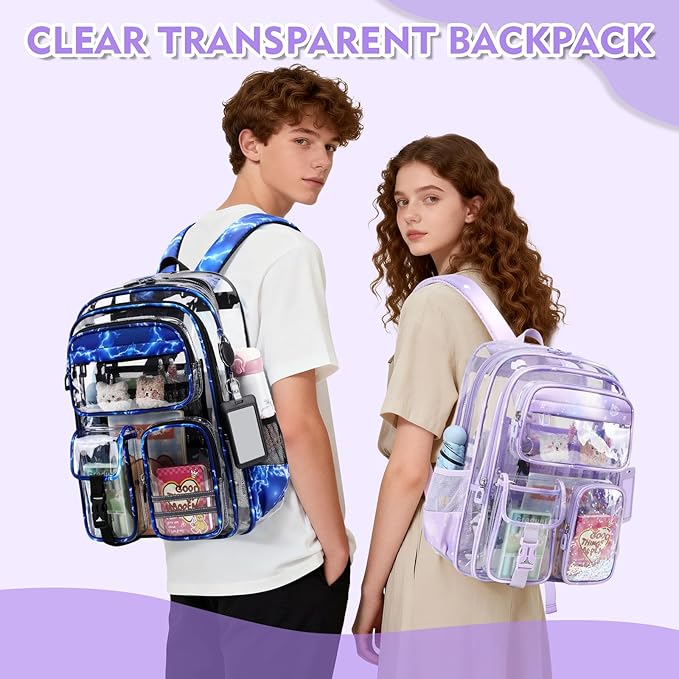 Clear Backpack for School,Transparent Backpack Stadium Events,Heavy Duty Clear Bookbag for Girls,Boys,Work,Sport Purple Sparkle