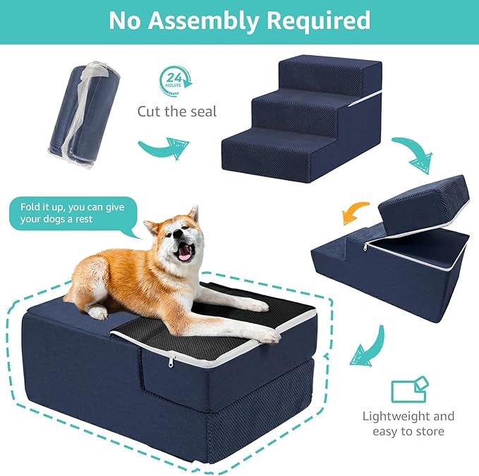 YENING Large Dog Stairs for High Beds - Extra Wide Pet Steps for Large Dogs to Get on Tall Bed 3 Deep Step Cat Ramp for Couch Navy Blue