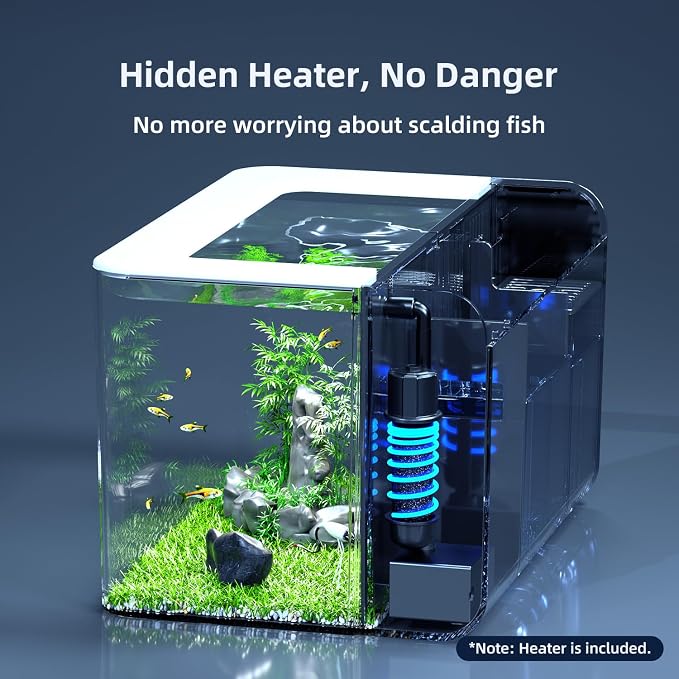 2.5 Gallon Fish Tank Kit with Heater for Betta, Shrimp, Guppy, Acrylic | Dry-wet Separation Filtration, Self-cleaning, Ultra-quiet, 3 Color Light, 10 Brightness, Adjustable Water Flow, Round Corner
