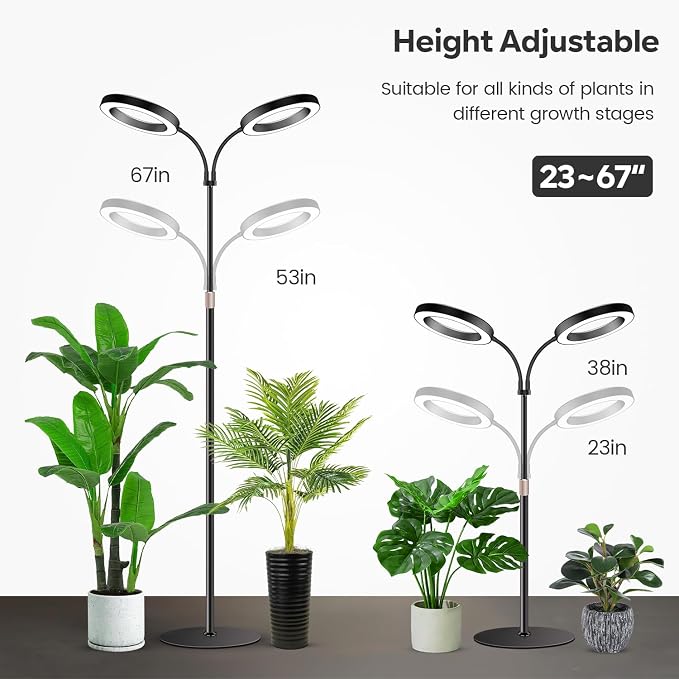Halo Grow Lights, Dual-Head 6000K LED Floor Plant Light with Base | Full Spectrum 168LEDs Grow Lamp, 3 Color Modes, Timer 6/12/16H, 5 Dimmable Levels, 67'' Adjustable Height, Gooseneck