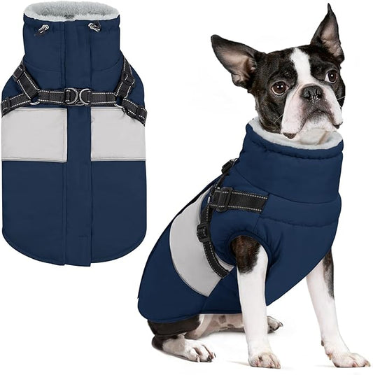 Small Dog Coat with Harness Built in, Warm Dog Jacket Winter with Zipper On Back, Waterproof Pet Snow Jacket Snowsuit Pet Sweater Clothes for Puppy, Blue XS
