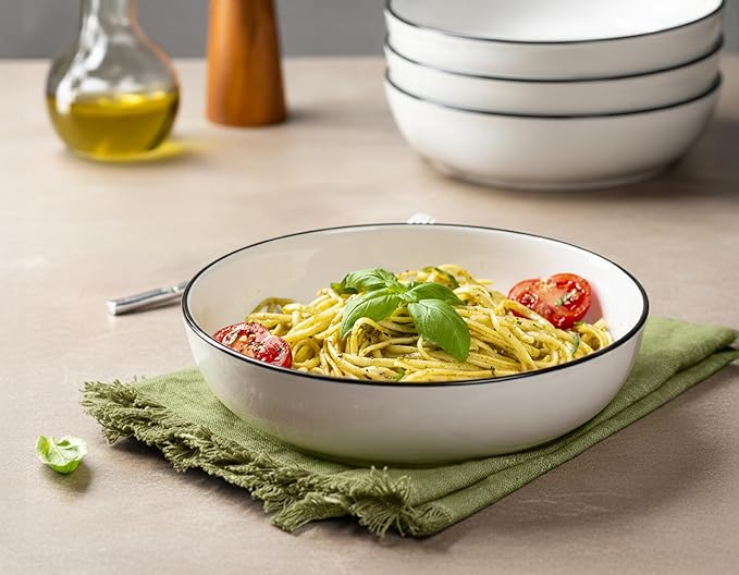 KooK Porcelain Pasta Bowl Set, for Soups and Salads, Serving Bowls, Large Capacity, Microwave & Dishwasher Safe, Set of 4, 40 Oz (Black Rim)