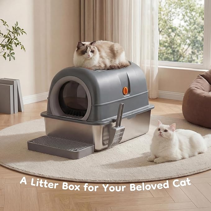 OLIXIS Stainless Steel Litter Box with Lid, Extra Large Enclosed Cat Litter Pan for Big Cats, High Sided Cat Box with Scoop & Mat, Front & Top Entry, Grey